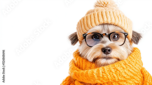 fashionable small dog wearing a yellow knit hat, scarf, and stylish glasses posing confidently against a white background photo