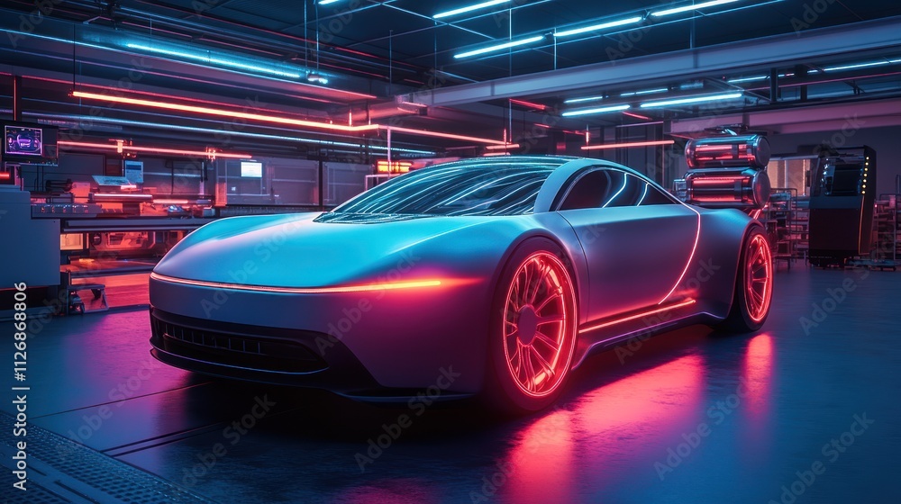 A futuristic car illuminated with neon lights in a high-tech workshop. A futuristic car illuminated with neon lights in a high-tech workshop.