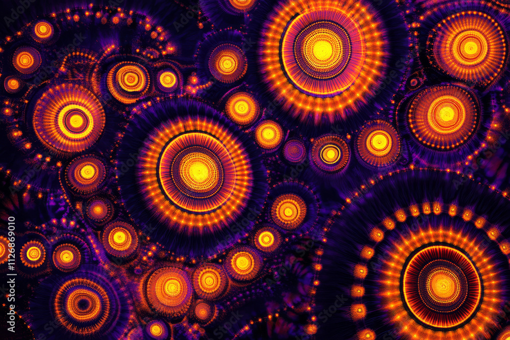 A neon background featuring radiant orange and violet concentric circles glowing intensely against a dark field. A neon background featuring radiant orange and violet concentric circles glowing intensely against a dark field.