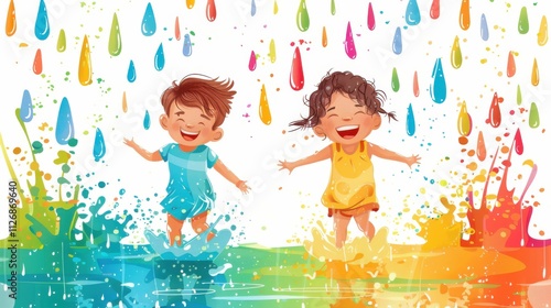 Vector art of children having fun with a sprinkler, surrounded by rainbow-colored water streams making the scene lively and colorful
