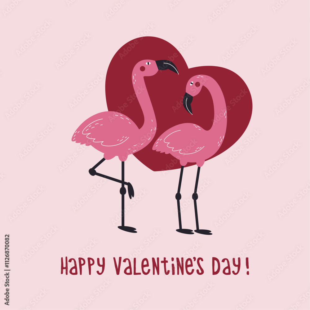 Obraz premium Happy valentine's day greeting card with pink flamingos and heart.