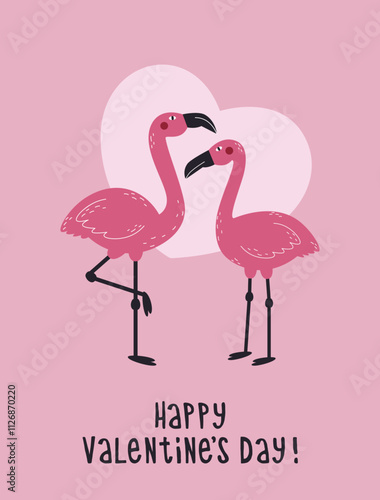 Happy valentine's day greeting poster with pink flamingos and heart. Template of corporate greeting card, banner or poster for valentine's day.