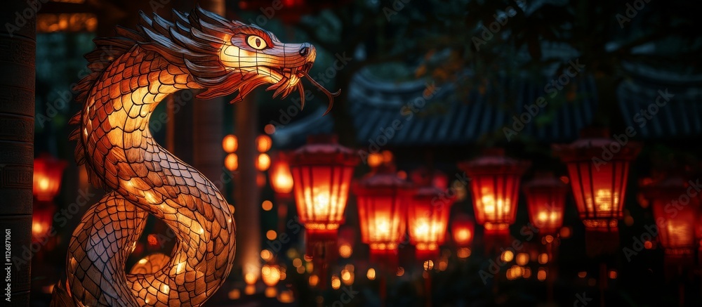 A glowing dragon sculpture and red Chinese lanterns. Chinese New Year wide banner with copy space A glowing dragon sculpture and red Chinese lanterns. Chinese New Year wide banner with copy space