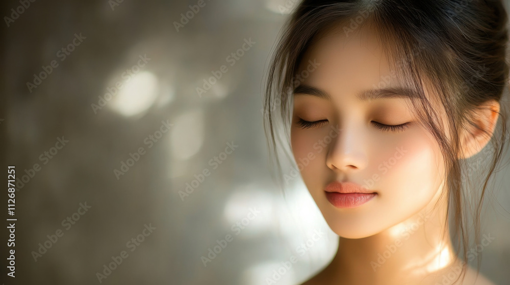 Young Asian woman in a headshot, clean background, highlighting her confident gaze and smooth skin Young Asian woman in a headshot, clean background, highlighting her confident gaze and smooth skin