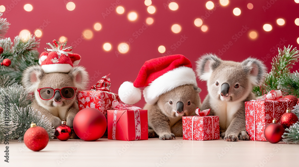 Koalas in Santa Hats with Gifts, adorable koalas in festive Santa hats sit surrounded by red and white wrapped gift boxes, ornaments, and snowy pine branches against a blurred red background with glow Koalas in Santa Hats with Gifts, adorable koalas in festive Santa hats sit surrounded by red and white wrapped gift boxes, ornaments, and snowy pine branches against a blurred red background with glow