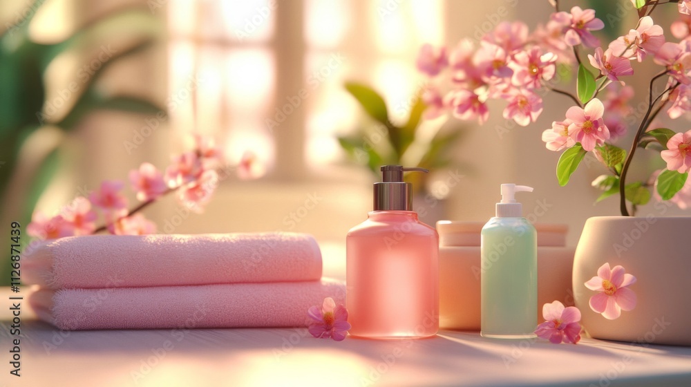 Spa Products and Pink Flowers in Soft Sunlight Spa Products and Pink Flowers in Soft Sunlight