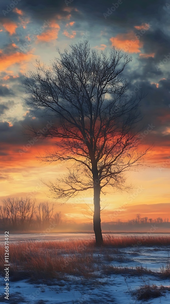 A solitary tree against a vibrant sunset sky, showcasing nature's beauty and tranquility. A solitary tree against a vibrant sunset sky, showcasing nature's beauty and tranquility.
