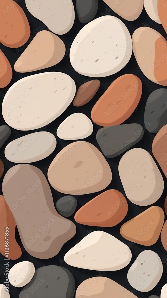 Multicolored smooth stones arranged in a seamless pattern, featuring beige, brown, and gray tones on a dark background Multicolored smooth stones arranged in a seamless pattern, featuring beige, brown, and gray tones on a dark background