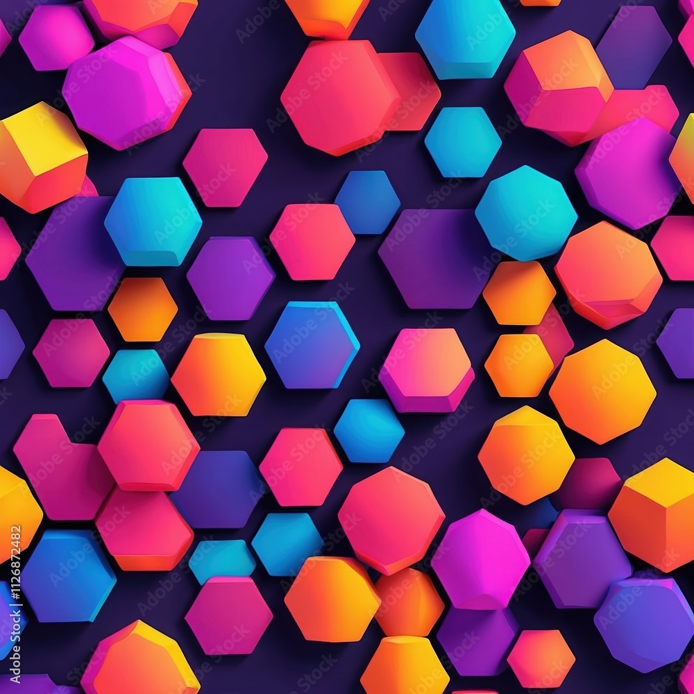 Colorful geometric shapes create a vibrant pattern on a dark background. Hexagons and cubes in bright hues of pink, blue, and purple enhance visual interest.