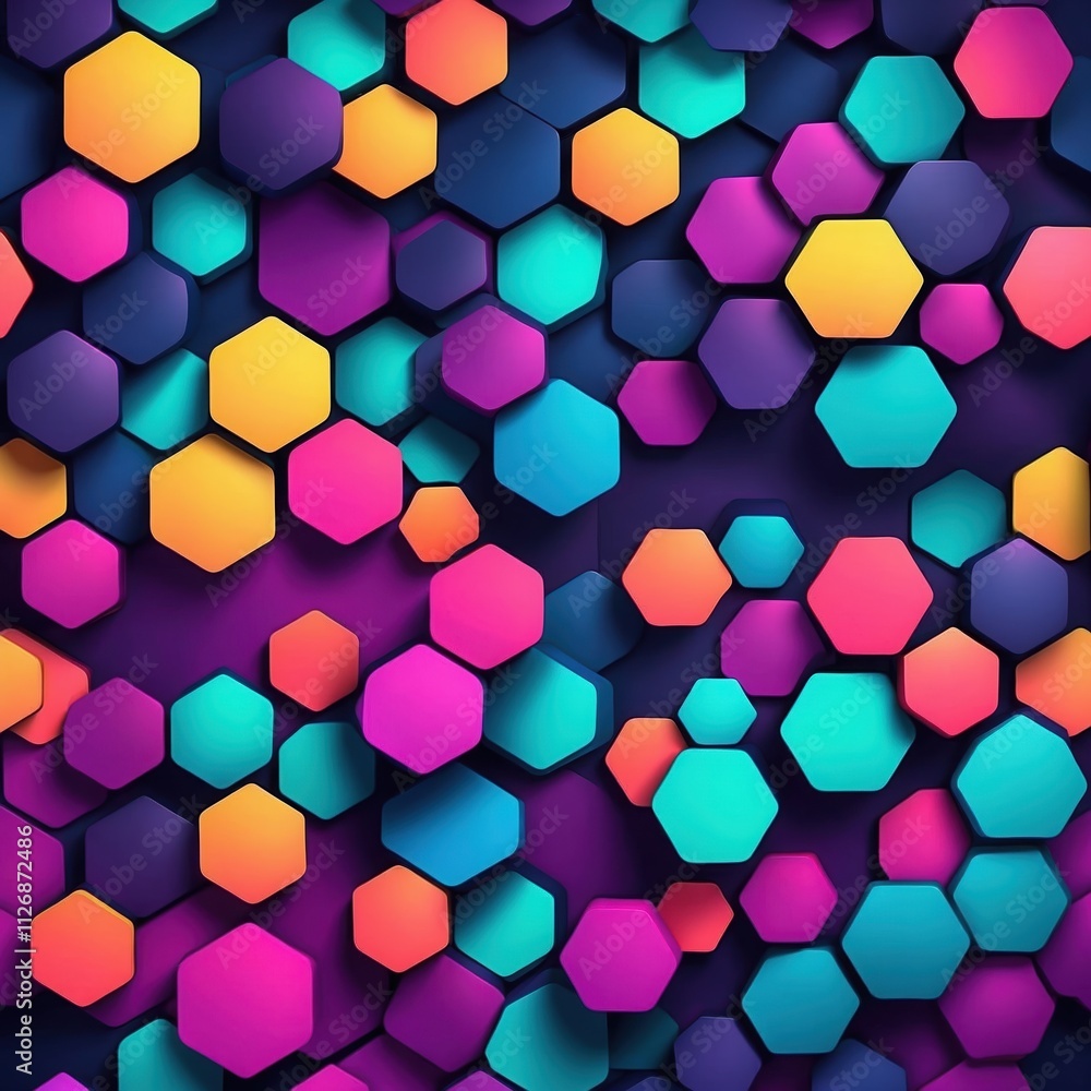 Vibrant hexagonal patterns in neon colors of pink, green, and blue create a dynamic, textured background ideal for modern design projects. Vibrant hexagonal patterns in neon colors of pink, green, and blue create a dynamic, textured background ideal for modern design projects.