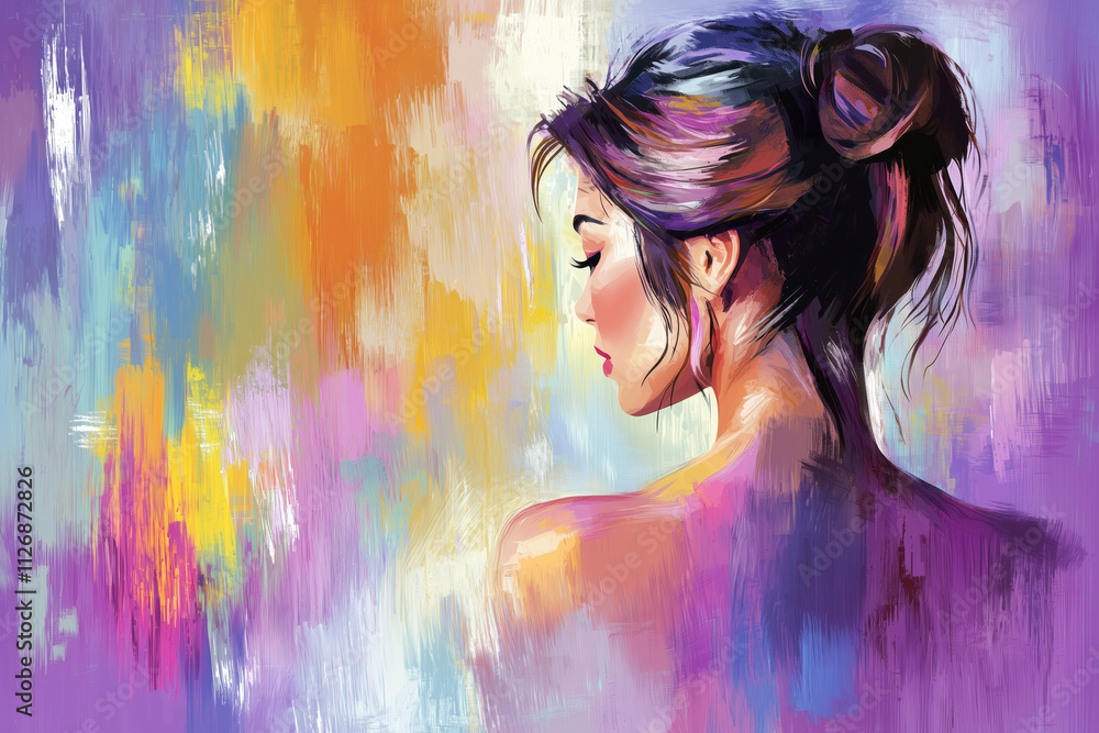 Fototapeta premium Abstract modern art painting portrait of beautiful woman on colorful background