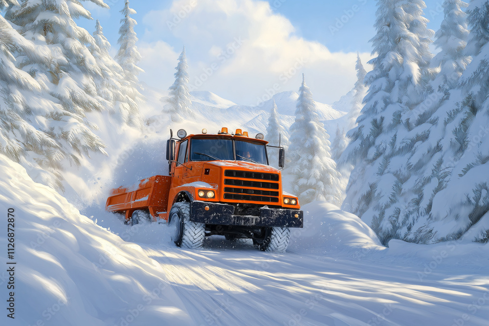 Snow plow clears a mountain road surrounded by tall pine trees in winter. Generative AI Snow plow clears a mountain road surrounded by tall pine trees in winter. Generative AI