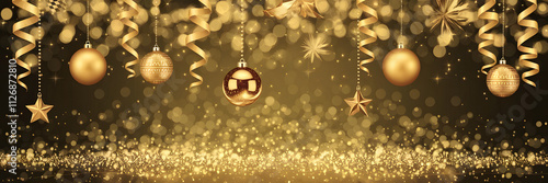 Festive gold decorations twinkle on a dark background, enhancing the holiday atmosphere and celebration spirit photo