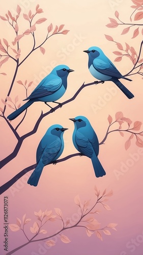 Blue birds perched on branches surrounded by delicate pink leaves, illustrating a serene and peaceful nature scene with a soft gradient background. photo