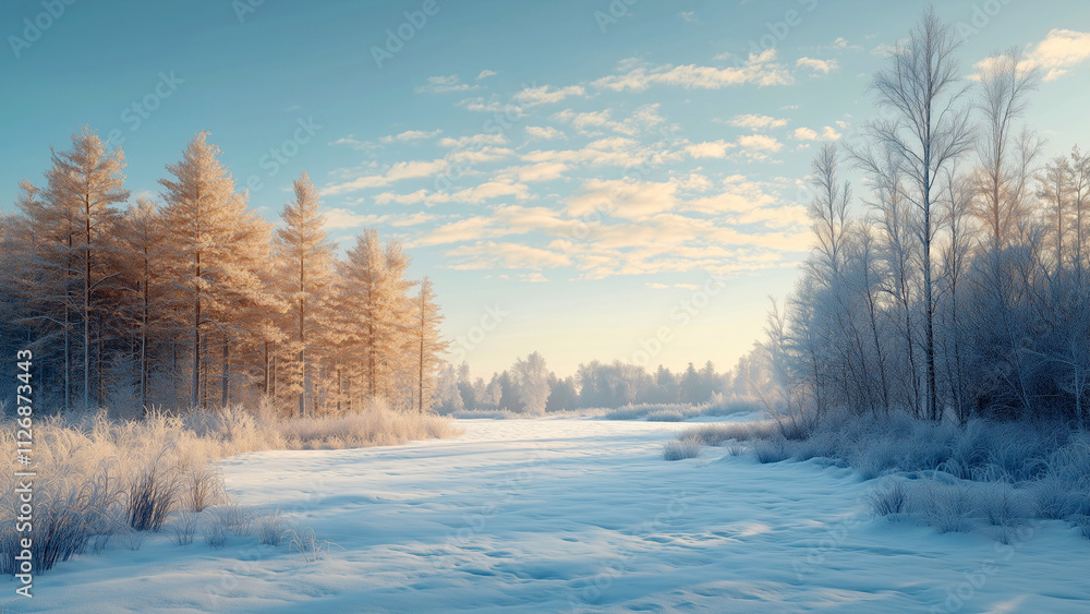 A sunlit forest blanketed in pristine snow A sunlit forest blanketed in pristine snow