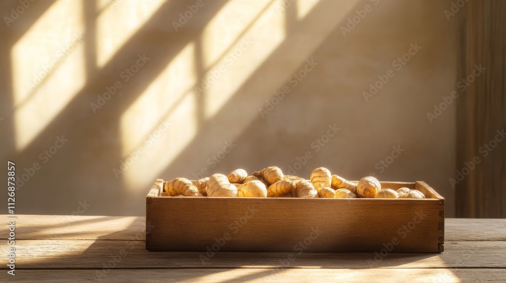 Fresh Ginger Root in Wooden Box Sunlight Farm Fresh Produce Fresh Ginger Root in Wooden Box Sunlight Farm Fresh Produce
