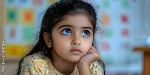 Young Girl Contemplative Portrait, Child's pensive gaze against a colorful background, innocent expression, thoughtful mood.