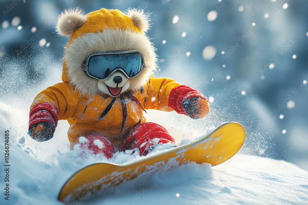 Cute stuffed bear snowboarding down a snowy slope on a winter day. Generative AI Cute stuffed bear snowboarding down a snowy slope on a winter day. Generative AI