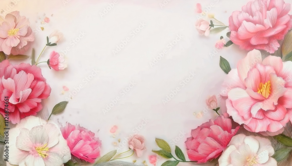 Elegant Pink and White Peonies Floral Border with Lush Greenery and Soft Beige Background, Perfect for Mother's Day Cards, Holiday Invitations, or Spring Themed Designs with Ample Copy Space Elegant Pink and White Peonies Floral Border with Lush Greenery and Soft Beige Background, Perfect for Mother's Day Cards, Holiday Invitations, or Spring Themed Designs with Ample Copy Space
