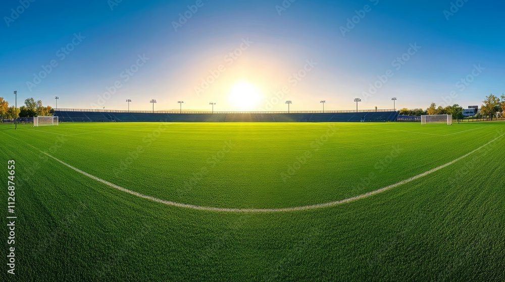 Obraz premium Sunny Soccer Field Panoramic Stadium View Green Grass Goalposts