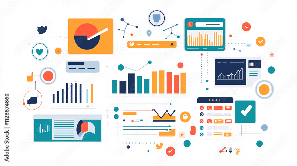 Illustration of a digital marketing dashboard, with charts, social media icons, and analytics tools in a modern, minimalist design. Illustration of a digital marketing dashboard, with charts, social media icons, and analytics tools in a modern, minimalist design.