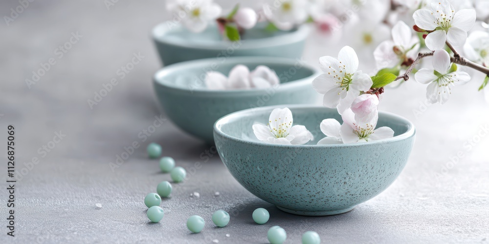 Taupe ceramic bowls with pastel blossoms, soft cream textures, scattered mint beads, spacious text area. Taupe ceramic bowls with pastel blossoms, soft cream textures, scattered mint beads, spacious text area.