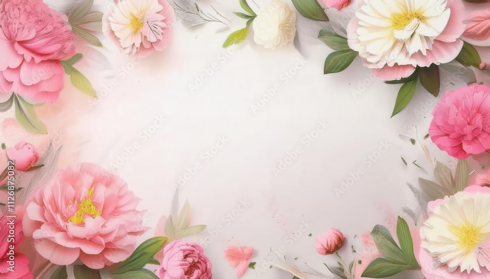 Fototapeta premium Elegant Pink and White Peonies Floral Border with Lush Greenery and Soft Beige Background, Perfect for Mother's Day Cards, Holiday Invitations, or Spring Themed Designs with Ample Copy Space