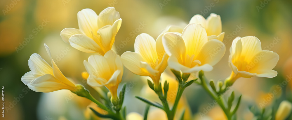 Obraz premium Close-up image of delicate yellow freesias