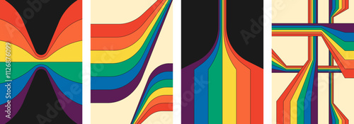 Retro 70s geometric posters featuring vintage rainbow line patterns. Groovy striped designs with abstract colorful backgrounds. Minimalist old school vector set for creative artwork covers