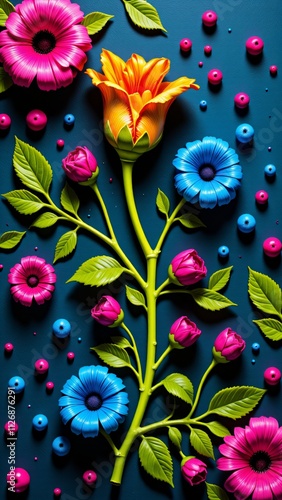 red and yellow tulips, Vibrant floral arrangement with colorful flowers and leaves on a blue background