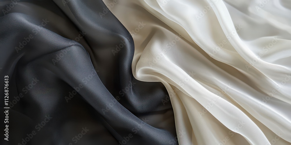 Fototapeta premium Flowing silk fabric in charcoal and ivory, natural light, subtle shadows, gray gradient background, room for text.