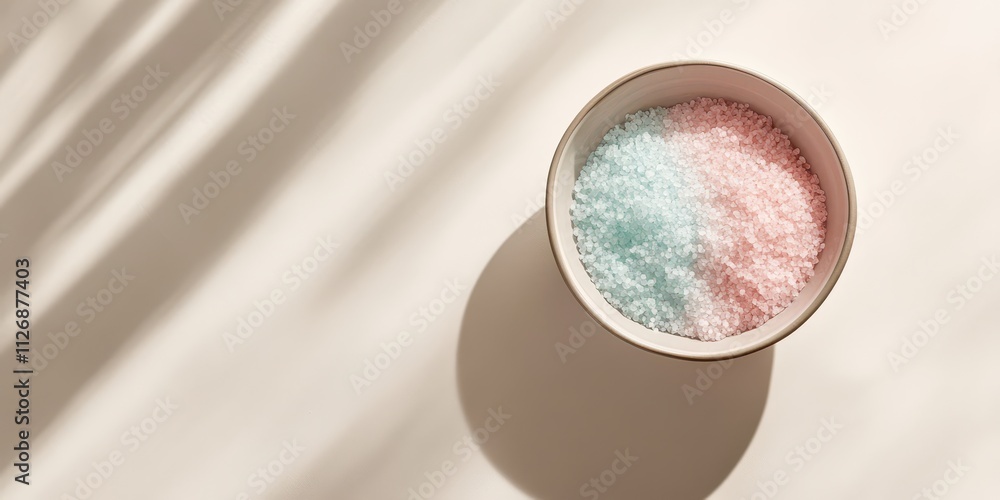Delicate ceramic dish with pastel bath salts, soft shadows, pale taupe background, ample text space. Delicate ceramic dish with pastel bath salts, soft shadows, pale taupe background, ample text space.