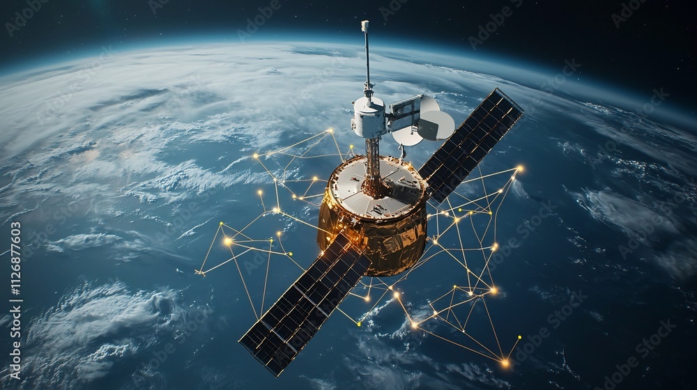 Obraz premium Satellite in Orbit Collecting Environmental Data Visualized with Glowing Network Connecting Earth and Space for Scientific Research and Analysis