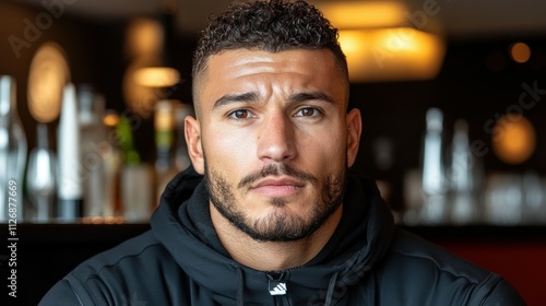 A man with a beard and a black hoodie is sitting in a bar. He looks tired and is sweating