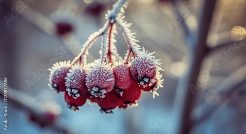 Frost-covered red berries shimmering in winter sunlight photo