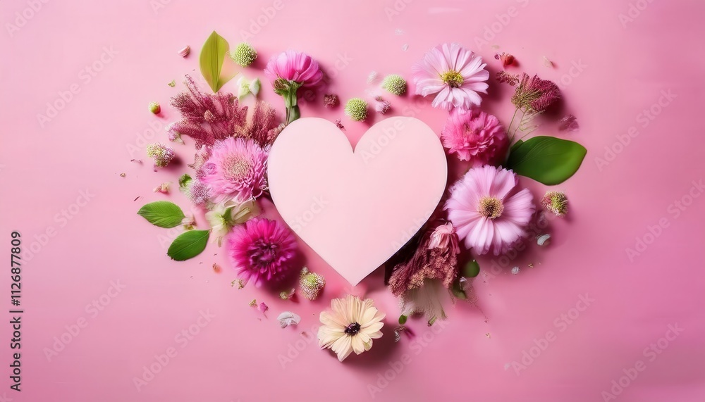 Heart-Shaped Pink Card Surrounded by Vibrant Pink, Magenta, and White Gerbera Daisies on a Soft Pastel Pink Background: Perfect for Mother’s Day, Valentine’s Day, or Spring Themed Holiday Greetings Heart-Shaped Pink Card Surrounded by Vibrant Pink, Magenta, and White Gerbera Daisies on a Soft Pastel Pink Background: Perfect for Mother’s Day, Valentine’s Day, or Spring Themed Holiday Greetings