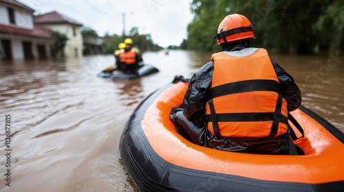 Flood Management and Mitigation Concept, Rescue Workers Navigating Flooded Streets in Inflatable Boats During Emergency Operations