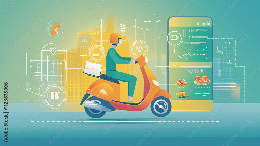 Illustration of a food delivery service, with a courier on a scooter, digital tracking icons, and a mobile app interface. Illustration of a food delivery service, with a courier on a scooter, digital tracking icons, and a mobile app interface.