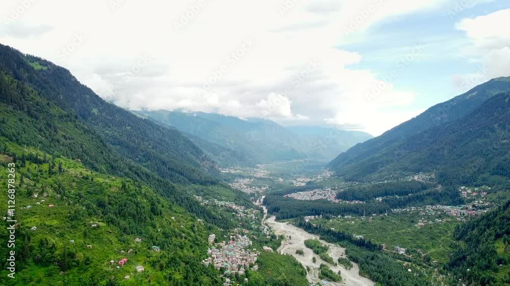 Aerial view of mountains and valleys of manali and beas river near Jogini waterfall in Himachal Pradesh India. Aerial view of mountains and valleys of manali and beas river near Jogini waterfall in Himachal Pradesh India.