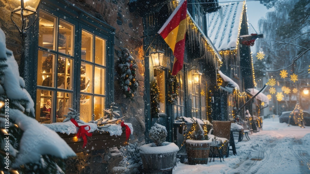 Fototapeta premium A cozy Christmas street scene with snow-covered windows