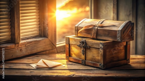 Wallpaper Mural A Vintage Wooden Chest with a Golden Sunset Background and a Letter Resting on a Rustic Wooden Table Torontodigital.ca