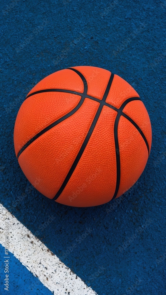 Bright orange basketball resting on a vibrant blue court surface with a white boundary line, showcasing sports equipment and outdoor play. Bright orange basketball resting on a vibrant blue court surface with a white boundary line, showcasing sports equipment and outdoor play.