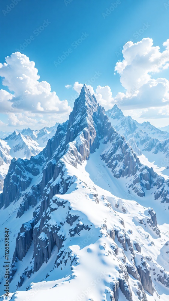Obraz premium Majestic snow-covered mountain peak under a clear blue sky, Sharp mountain peak with snow and fluffy clouds
