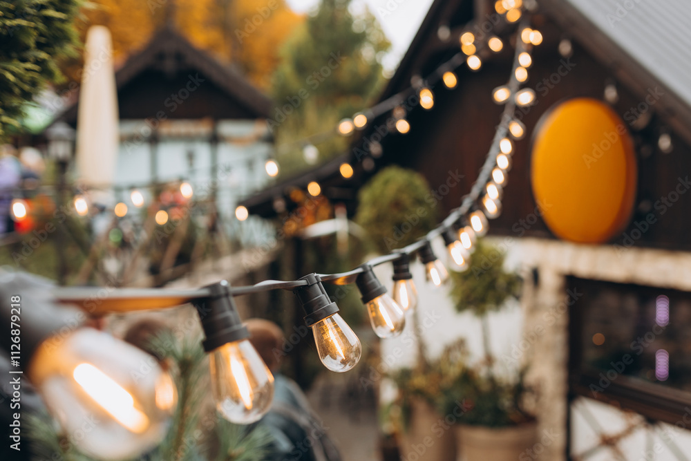 Hanging Outdoor String lights. Decorative Outdoor Street electric garland. Old light bulbs. Lamp hang in the yard. Terrace concept. Festoon string lights decoration at the party