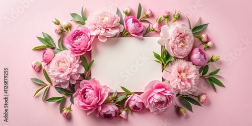 A delicate arrangement of blush pink peonies and greenery surrounding a blank card on a soft pink background.