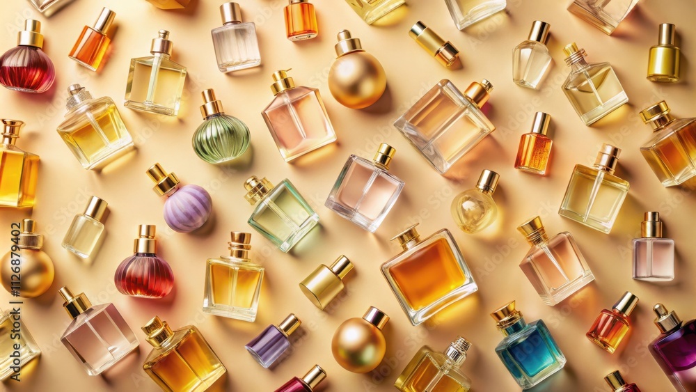 A collection of various perfume bottles, a beautiful display of glass and gold accents on a light brown background. A collection of various perfume bottles, a beautiful display of glass and gold accents on a light brown background.