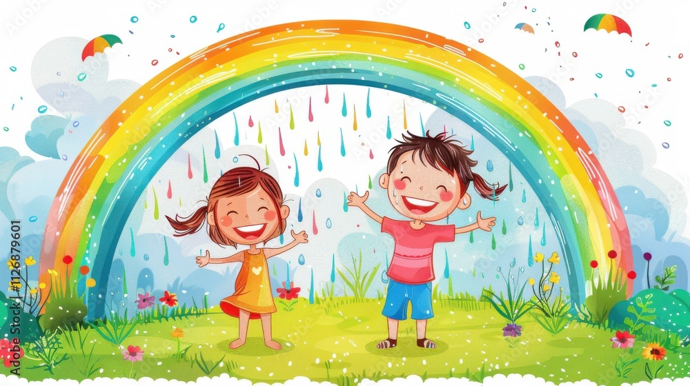 Vector art of children having fun with a sprinkler, surrounded by rainbow-colored water streams making the scene lively and colorful Vector art of children having fun with a sprinkler, surrounded by rainbow-colored water streams making the scene lively and colorful