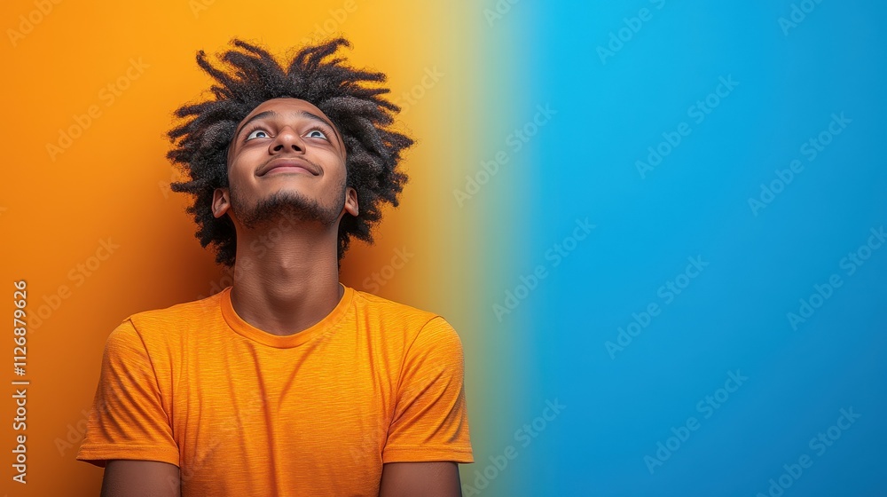 A man with dreadlocks is wearing an orange shirt and looking up at the sky. The image has a bright and cheerful mood, with the orange shirt and the blue background creating a sense of warmth A man with dreadlocks is wearing an orange shirt and looking up at the sky. The image has a bright and cheerful mood, with the orange shirt and the blue background creating a sense of warmth