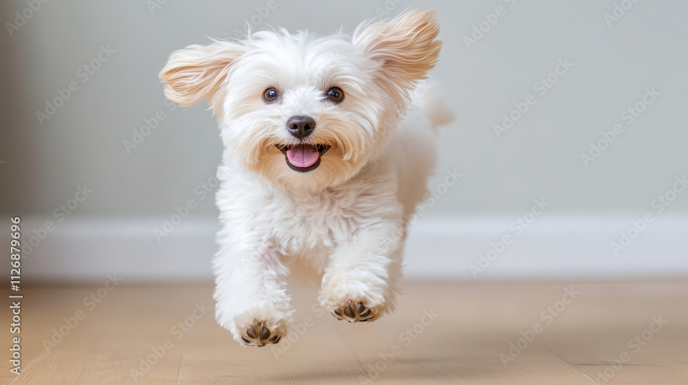 A happy dog is joyfully jumping in bright indoor space, showcasing its playful nature and fluffy white fur. This lively scene captures essence of pets exuberance and charm A happy dog is joyfully jumping in bright indoor space, showcasing its playful nature and fluffy white fur. This lively scene captures essence of pets exuberance and charm