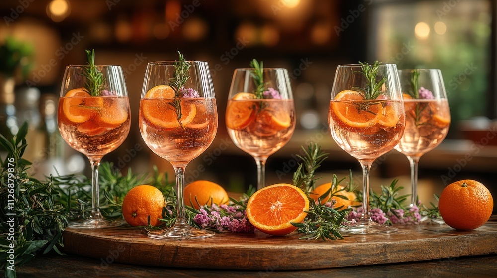 a group of glasses of wine and oranges on a wood platter a group of glasses of wine and oranges on a wood platter
